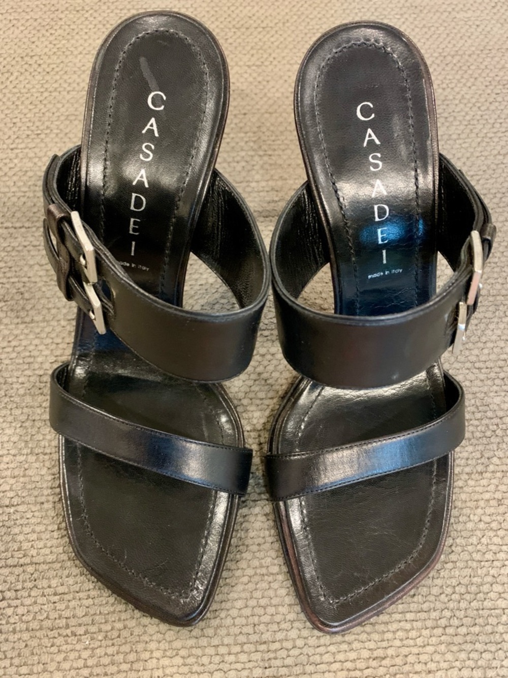 Casadei Black Leather Buckle Slide Mules